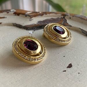 Vintage Christian Dior Runway Couture Purple Crystal Gold Plated ClipOn Earrings